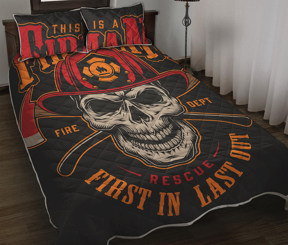 Firefighter First In Last Out Print Quilt Bed Set