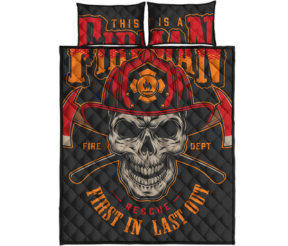 Firefighter First In Last Out Print Quilt Bed Set
