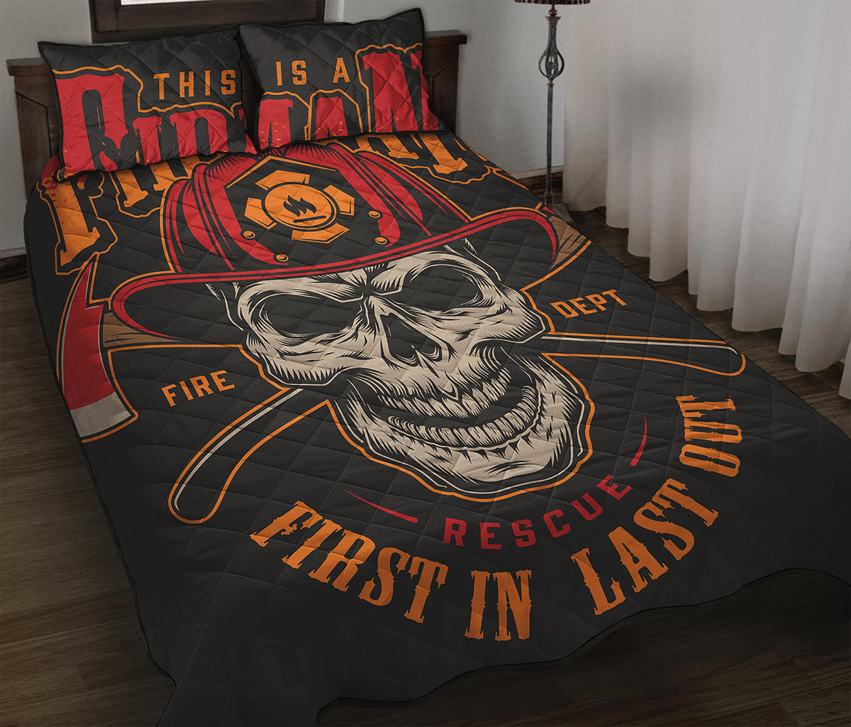 Firefighter First In Last Out Print Quilt Bed Set