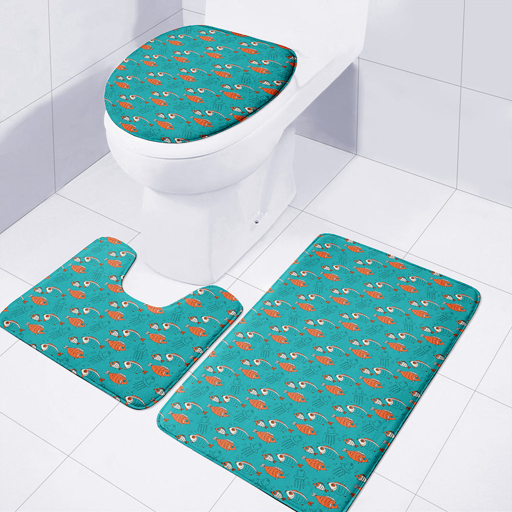 Fish And Jellyfish Pattern Print 3 Piece Bath Mat Set