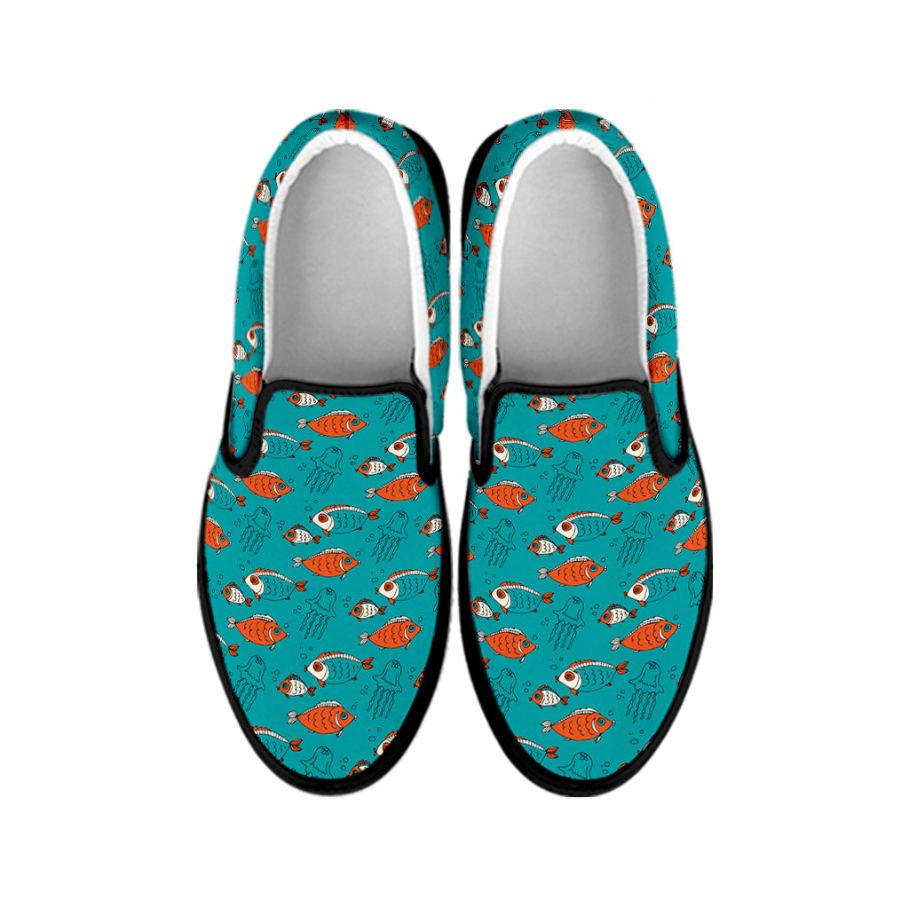 Fish And Jellyfish Pattern Print Black Slip On Shoes