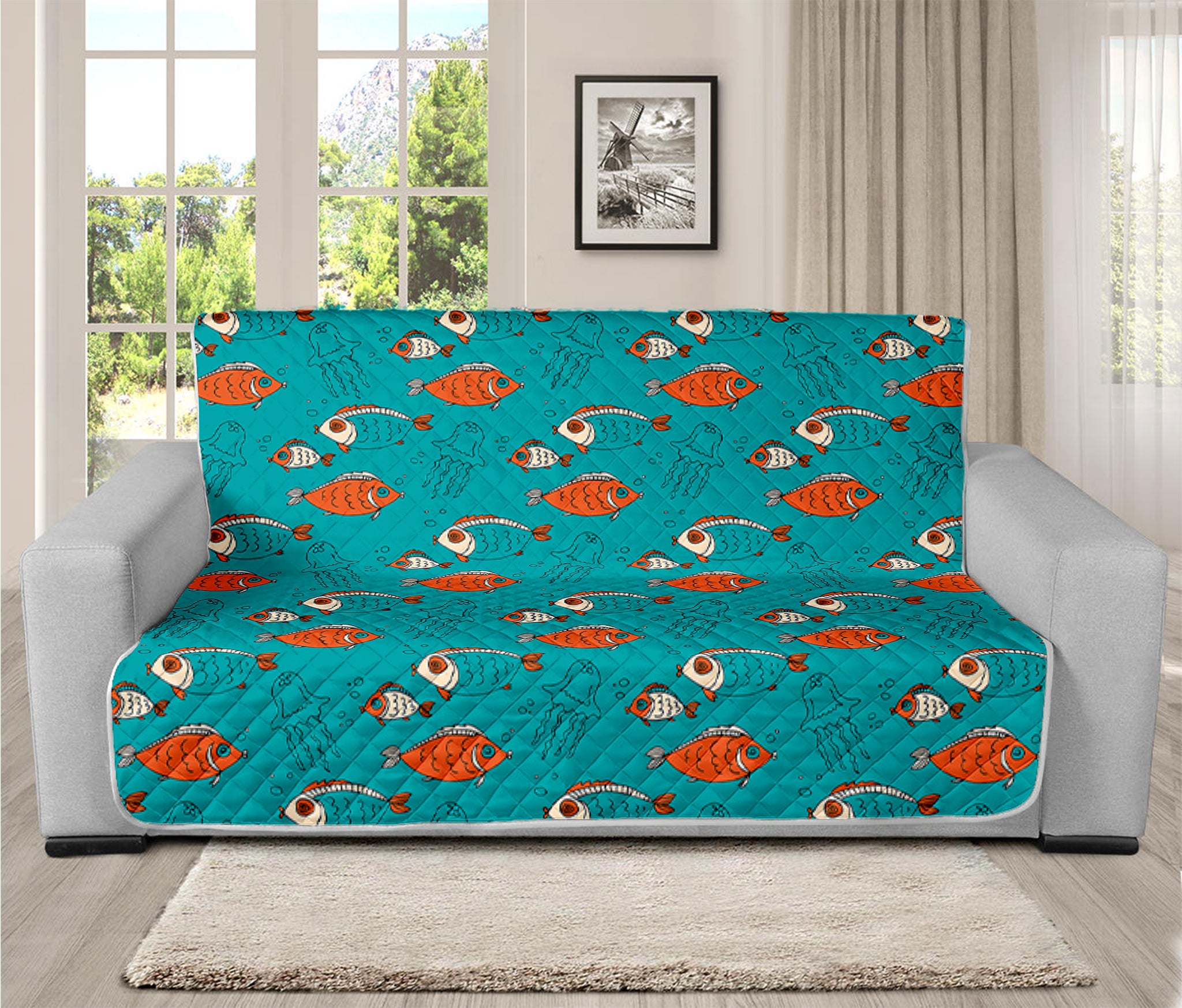 Fish And Jellyfish Pattern Print Futon Protector