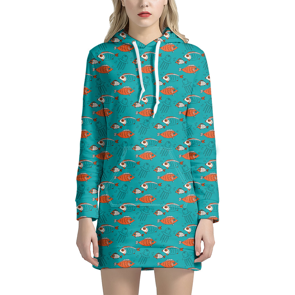 Fish And Jellyfish Pattern Print Hoodie Dress