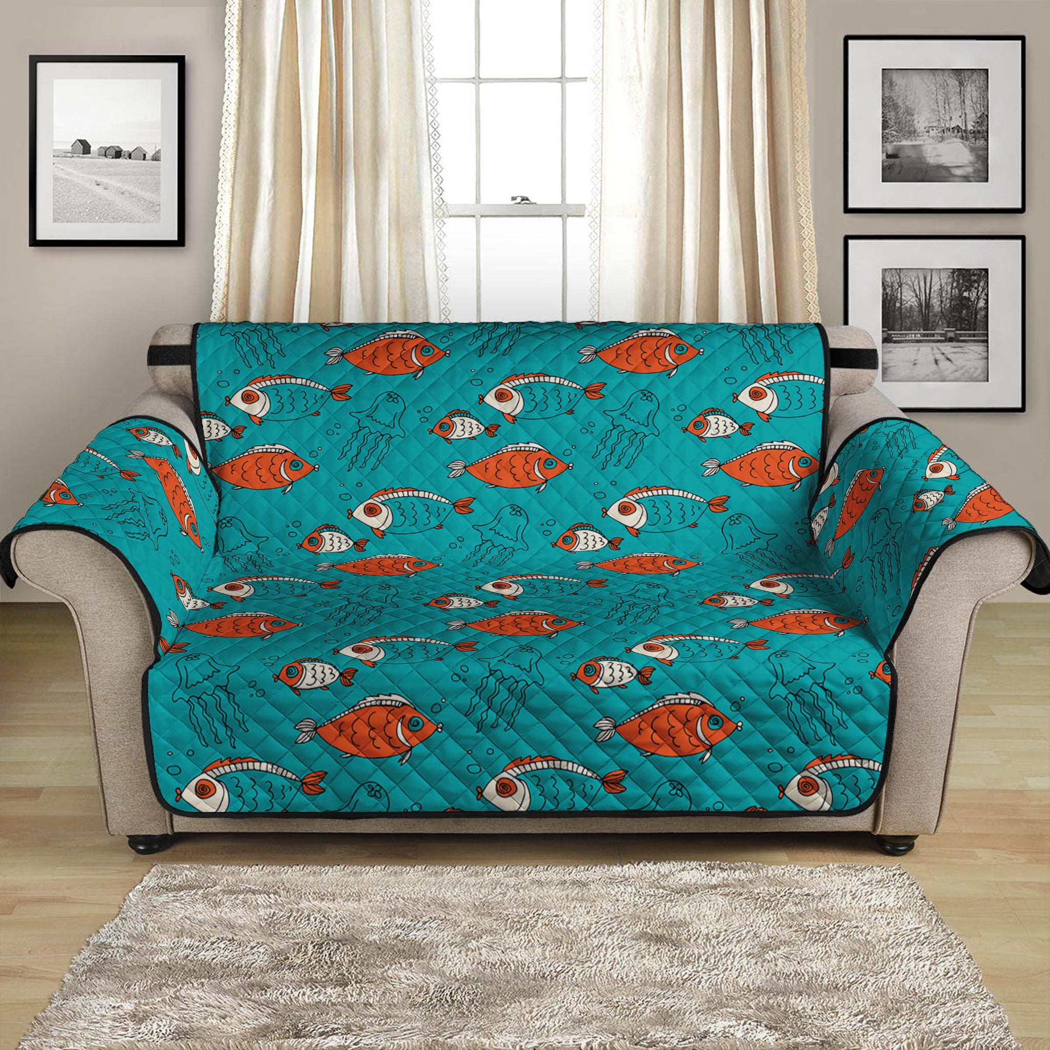 Fish And Jellyfish Pattern Print Loveseat Protector