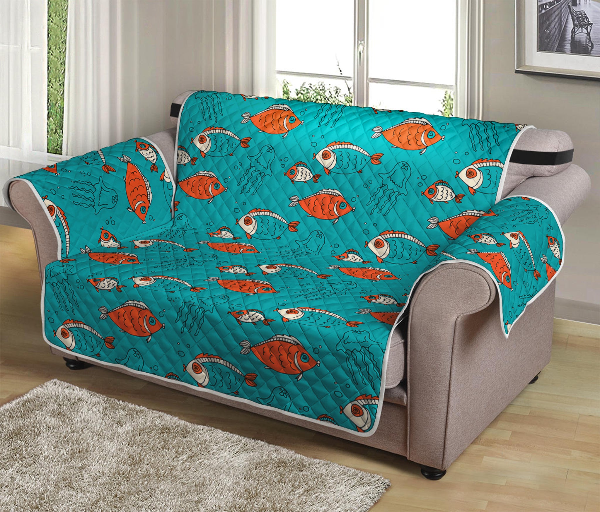 Fish And Jellyfish Pattern Print Loveseat Protector