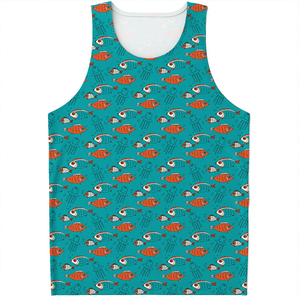 Fish And Jellyfish Pattern Print Men's Tank Top