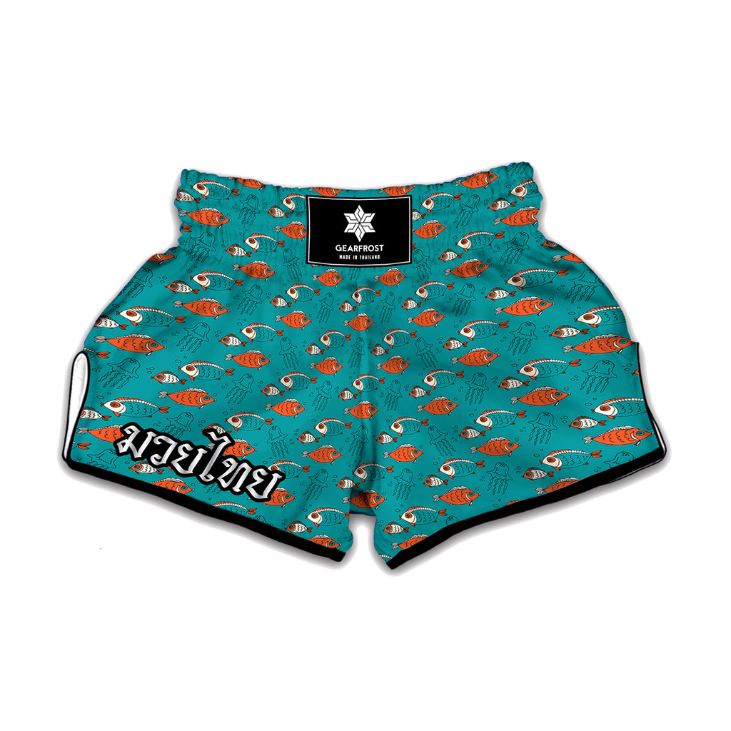 Fish And Jellyfish Pattern Print Muay Thai Boxing Shorts