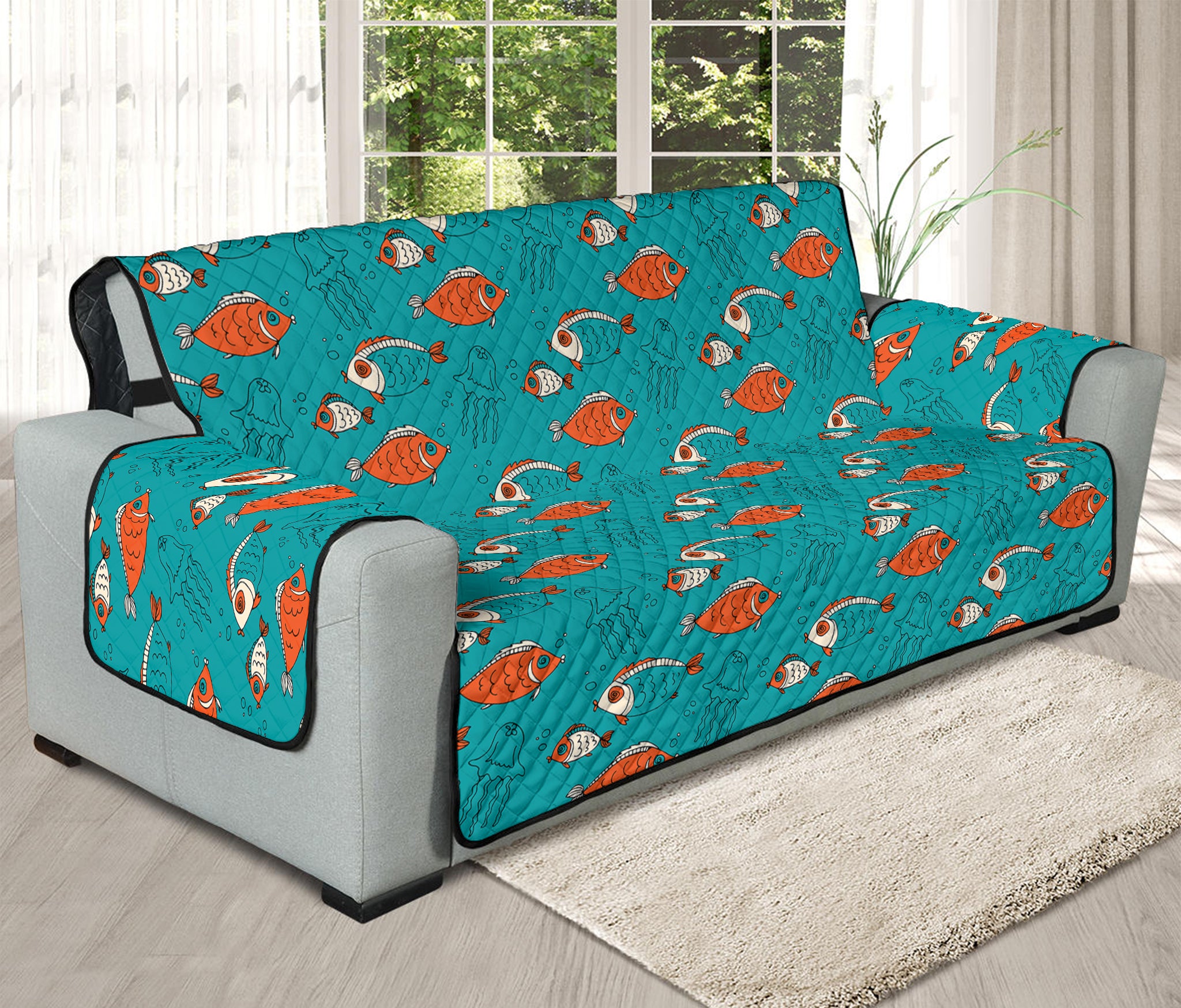 Fish And Jellyfish Pattern Print Oversized Sofa Protector