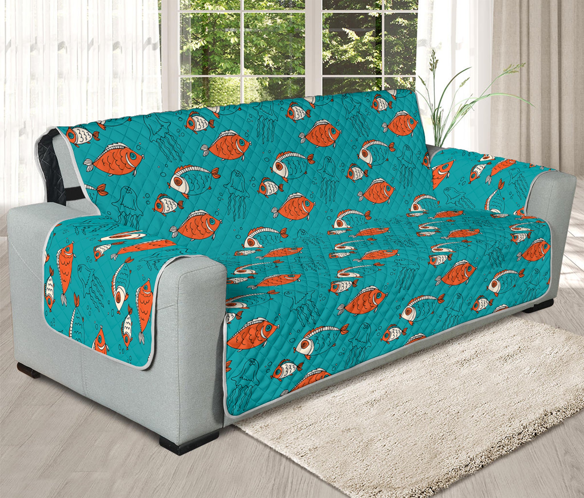 Fish And Jellyfish Pattern Print Oversized Sofa Protector