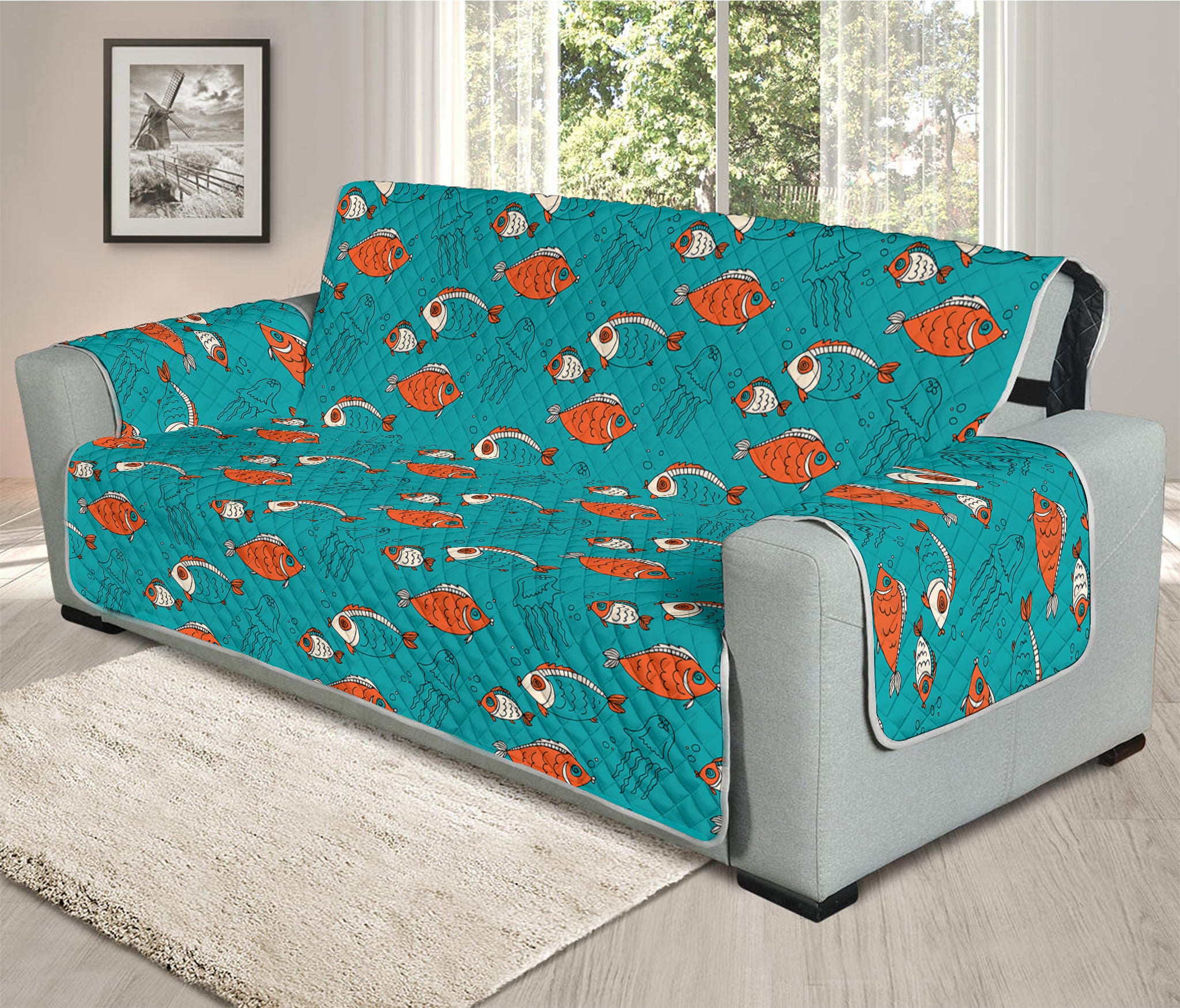 Fish And Jellyfish Pattern Print Oversized Sofa Protector