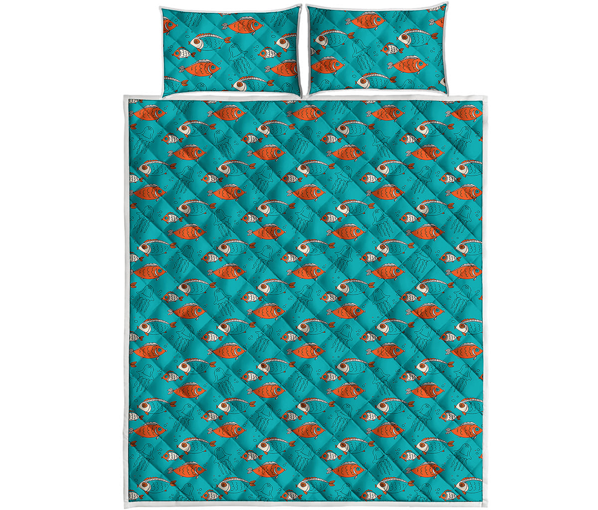 Fish And Jellyfish Pattern Print Quilt Bed Set