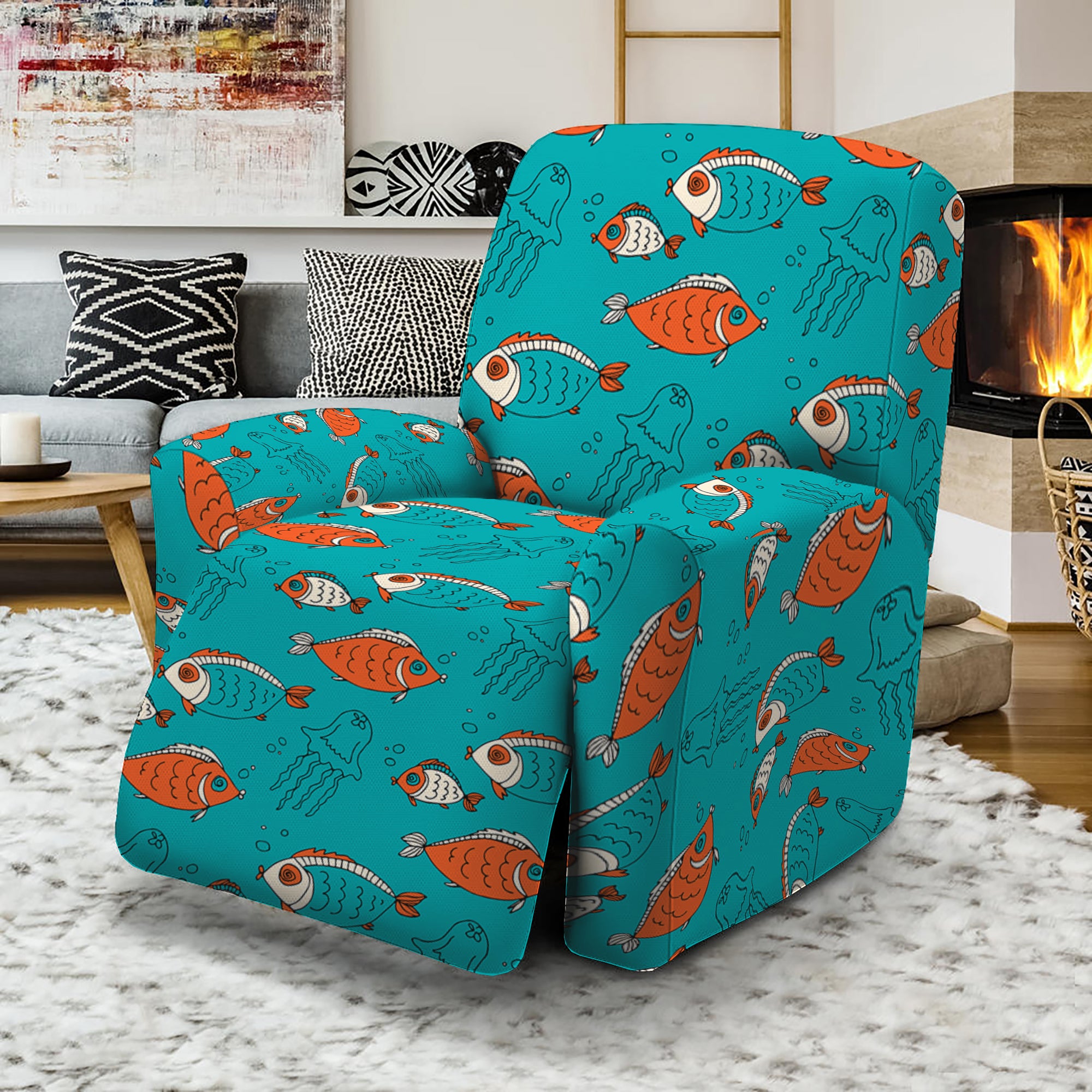 Fish And Jellyfish Pattern Print Recliner Slipcover