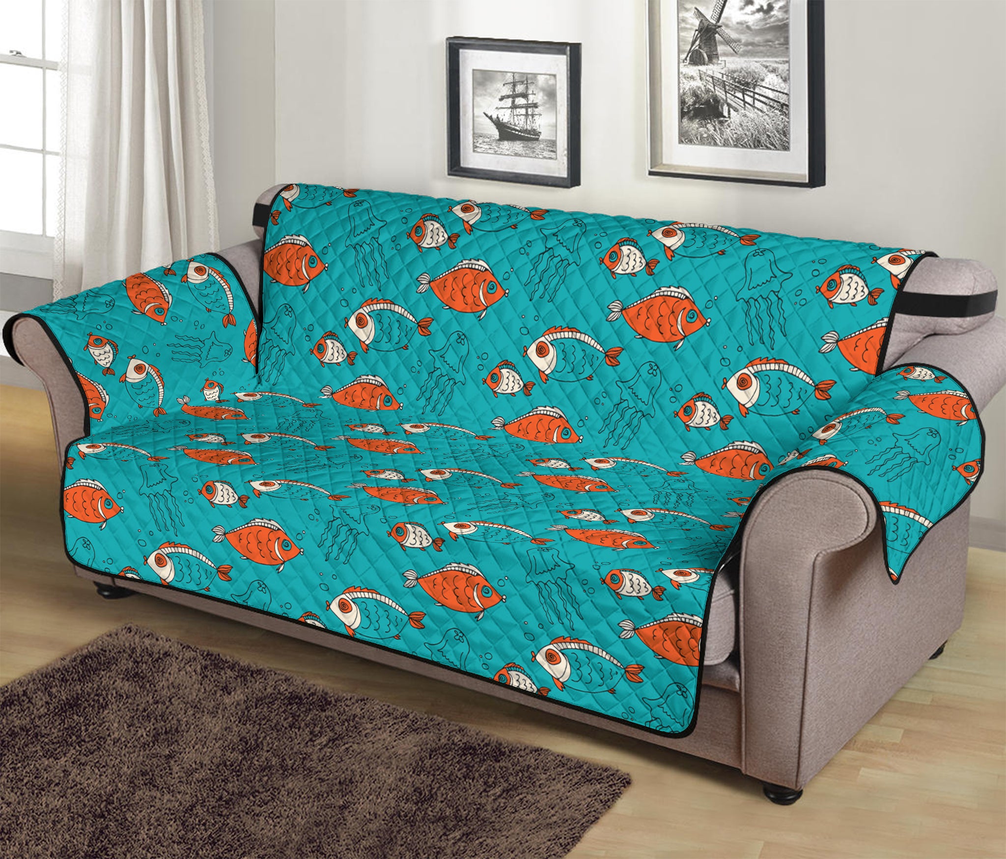 Fish And Jellyfish Pattern Print Sofa Protector