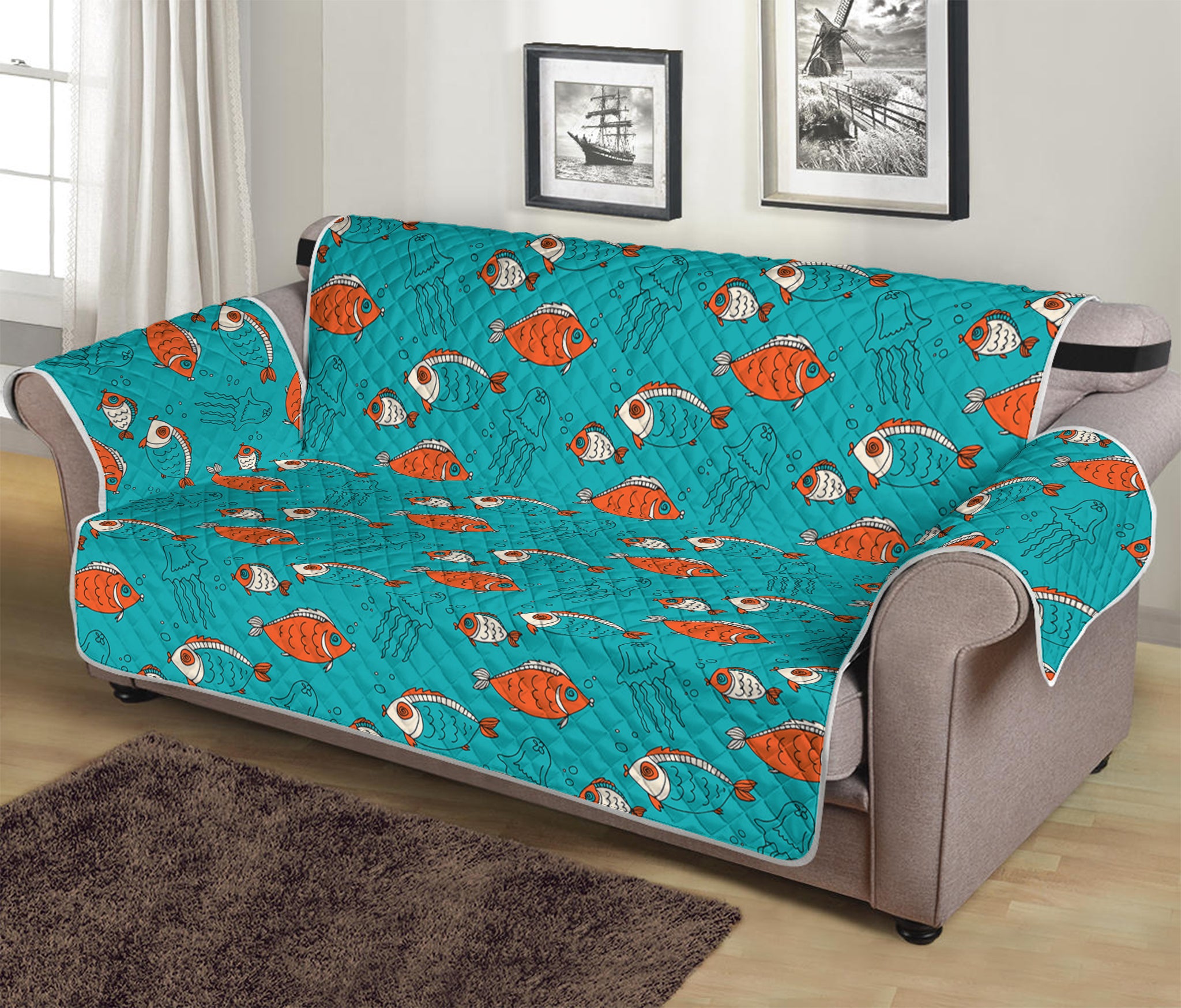 Fish And Jellyfish Pattern Print Sofa Protector