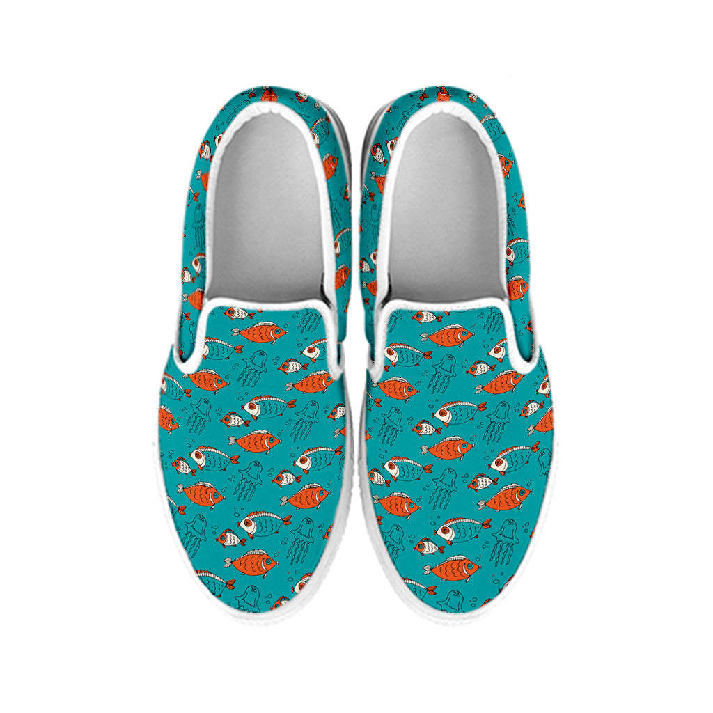 Fish And Jellyfish Pattern Print White Slip On Shoes