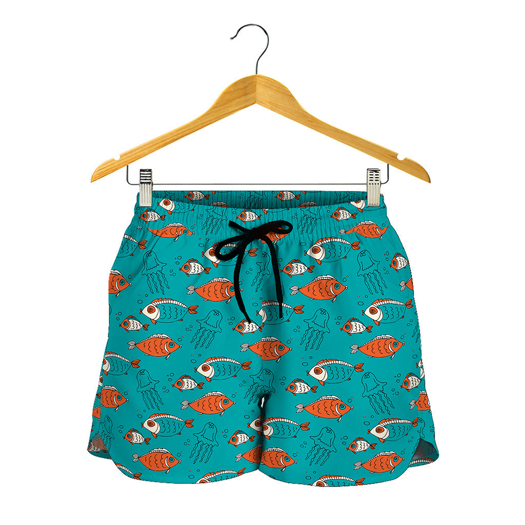 Fish And Jellyfish Pattern Print Women's Shorts