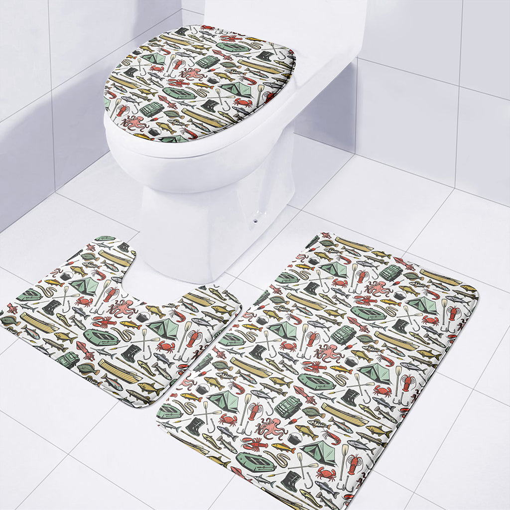 Fishing Equipment Pattern Print 3 Piece Bath Mat Set