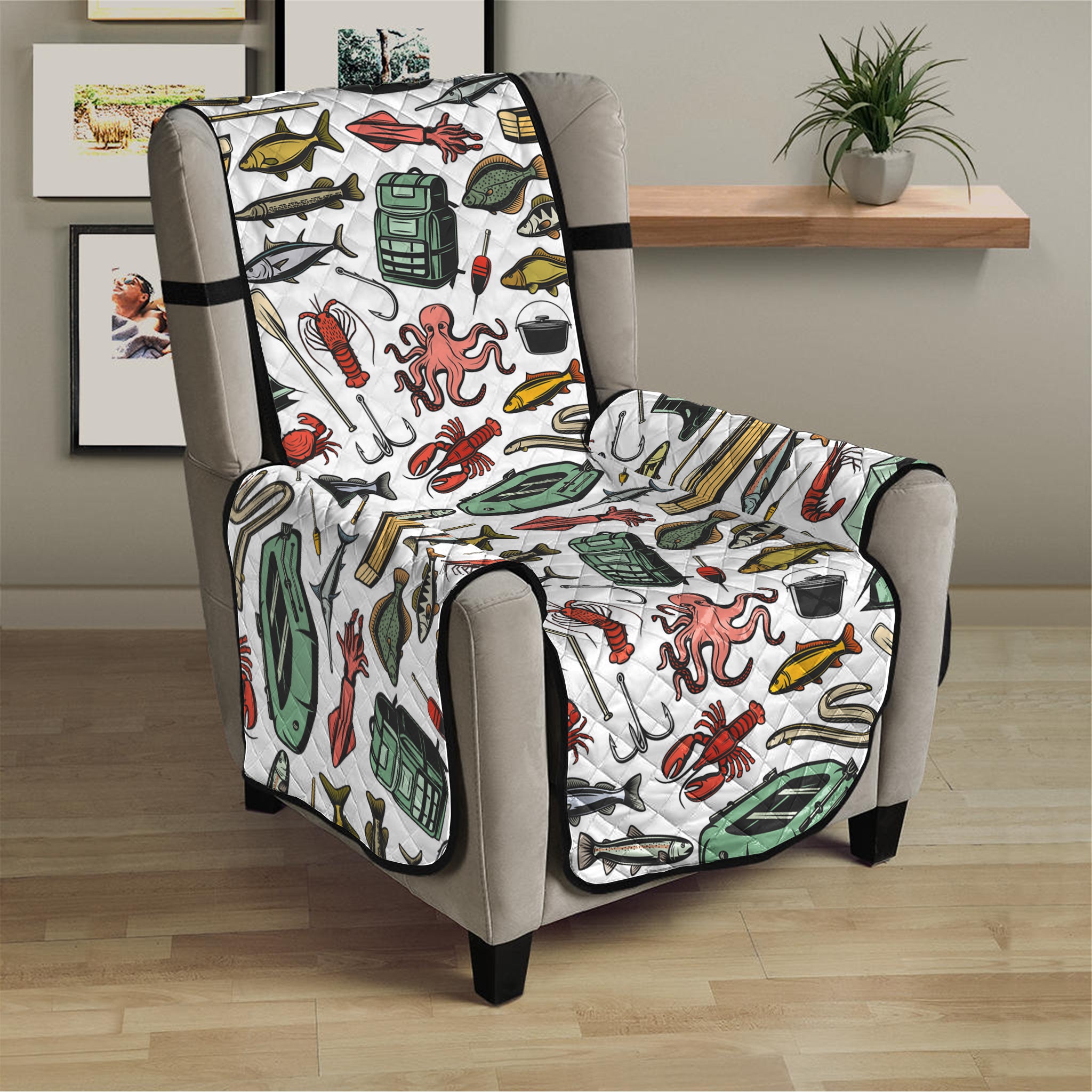 Fishing Equipment Pattern Print Armchair Protector