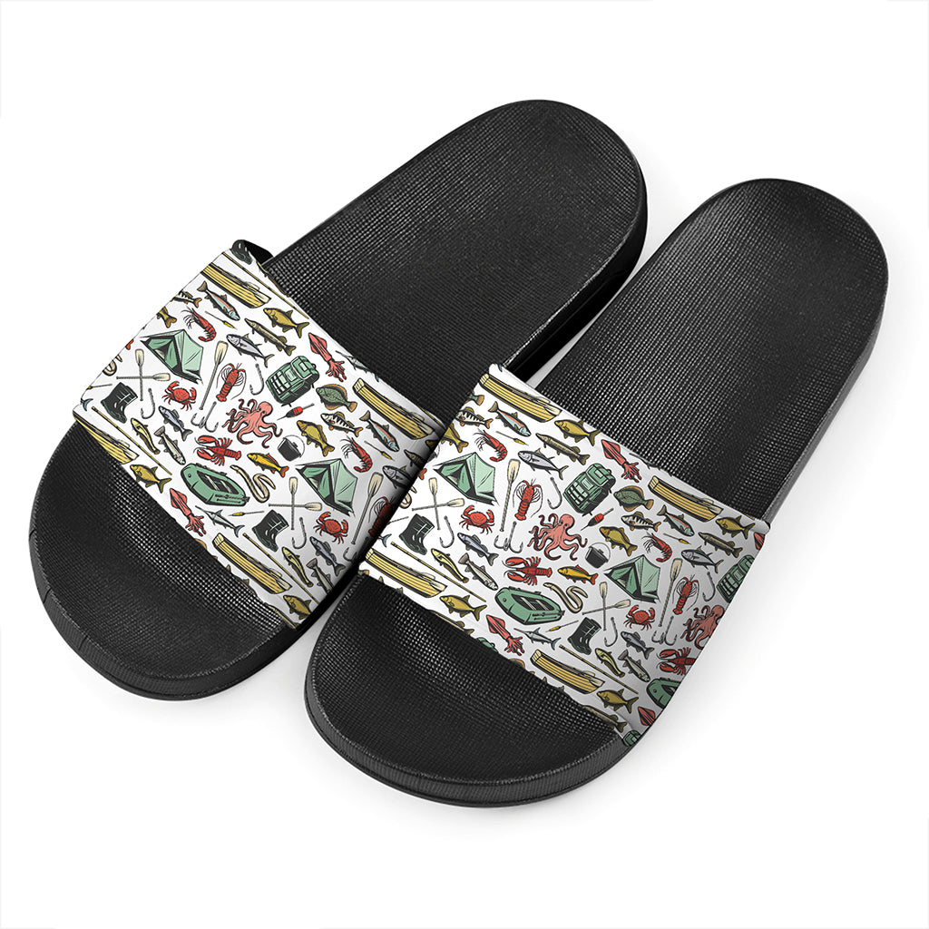 Fishing Equipment Pattern Print Black Slide Sandals