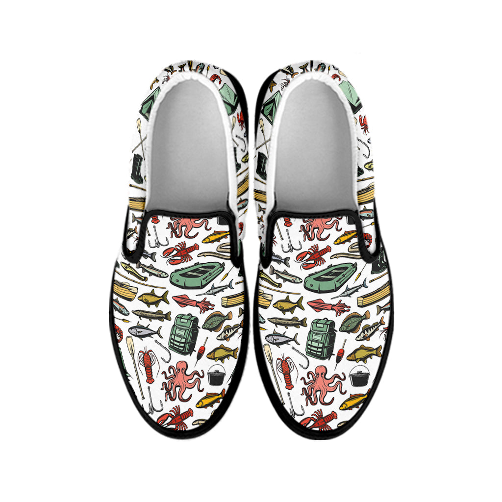 Fishing Equipment Pattern Print Black Slip On Shoes