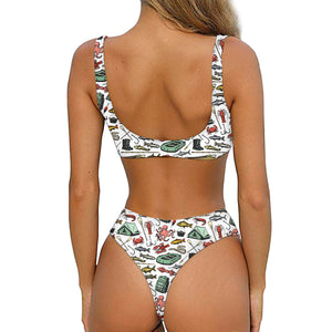 Fishing Equipment Pattern Print Front Bow Tie Bikini