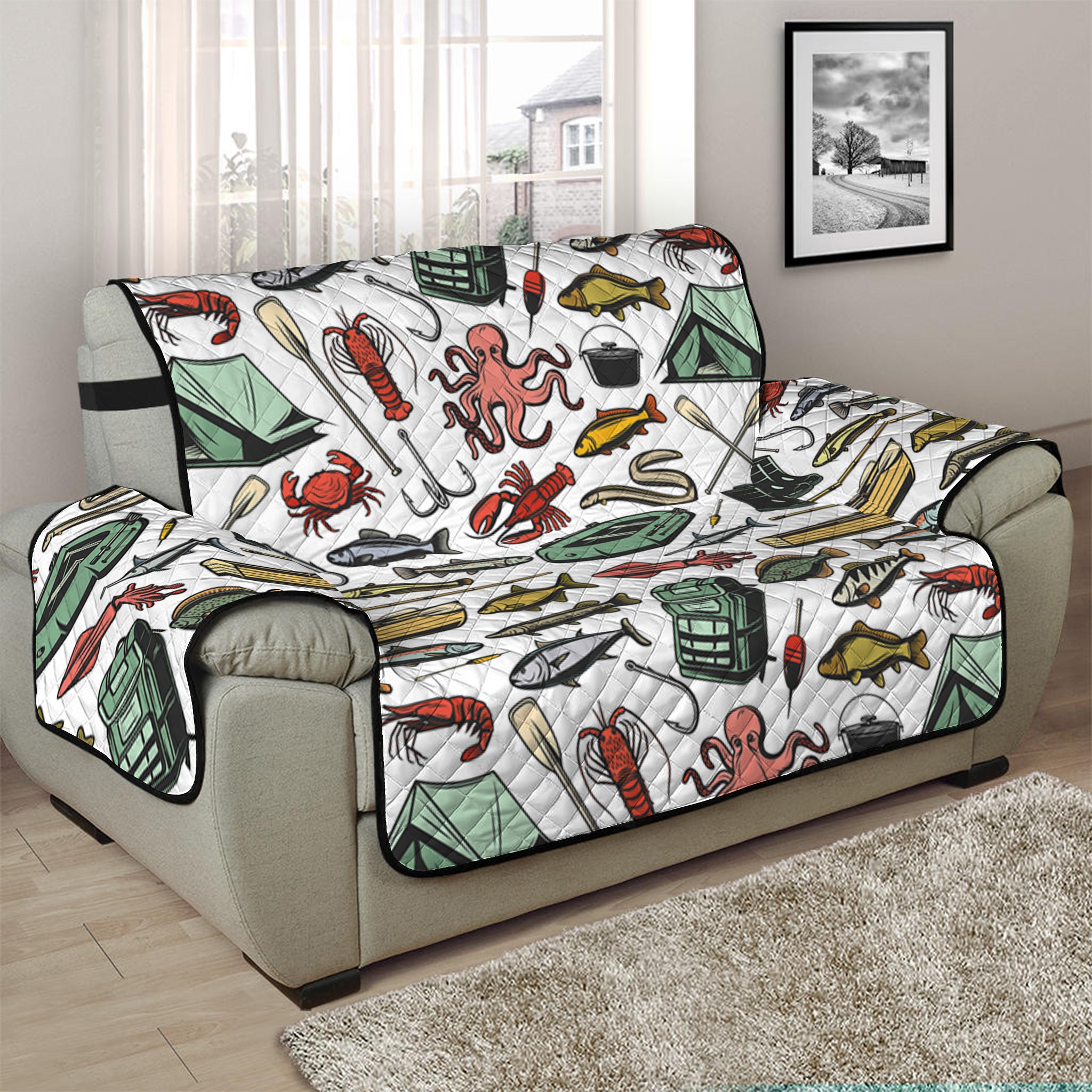 Fishing Equipment Pattern Print Half Sofa Protector