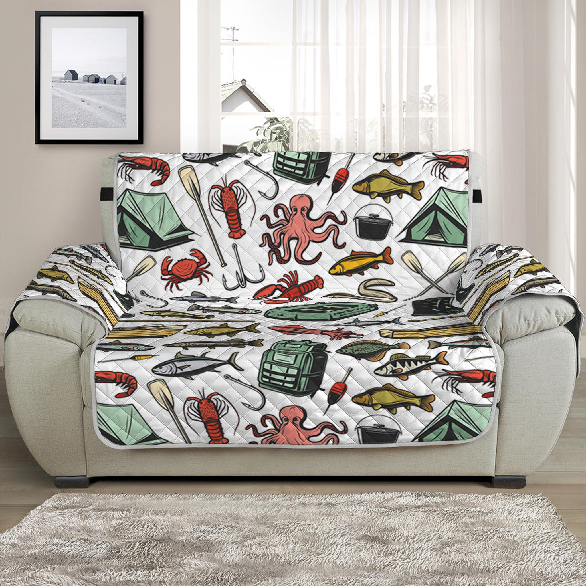 Fishing Equipment Pattern Print Half Sofa Protector