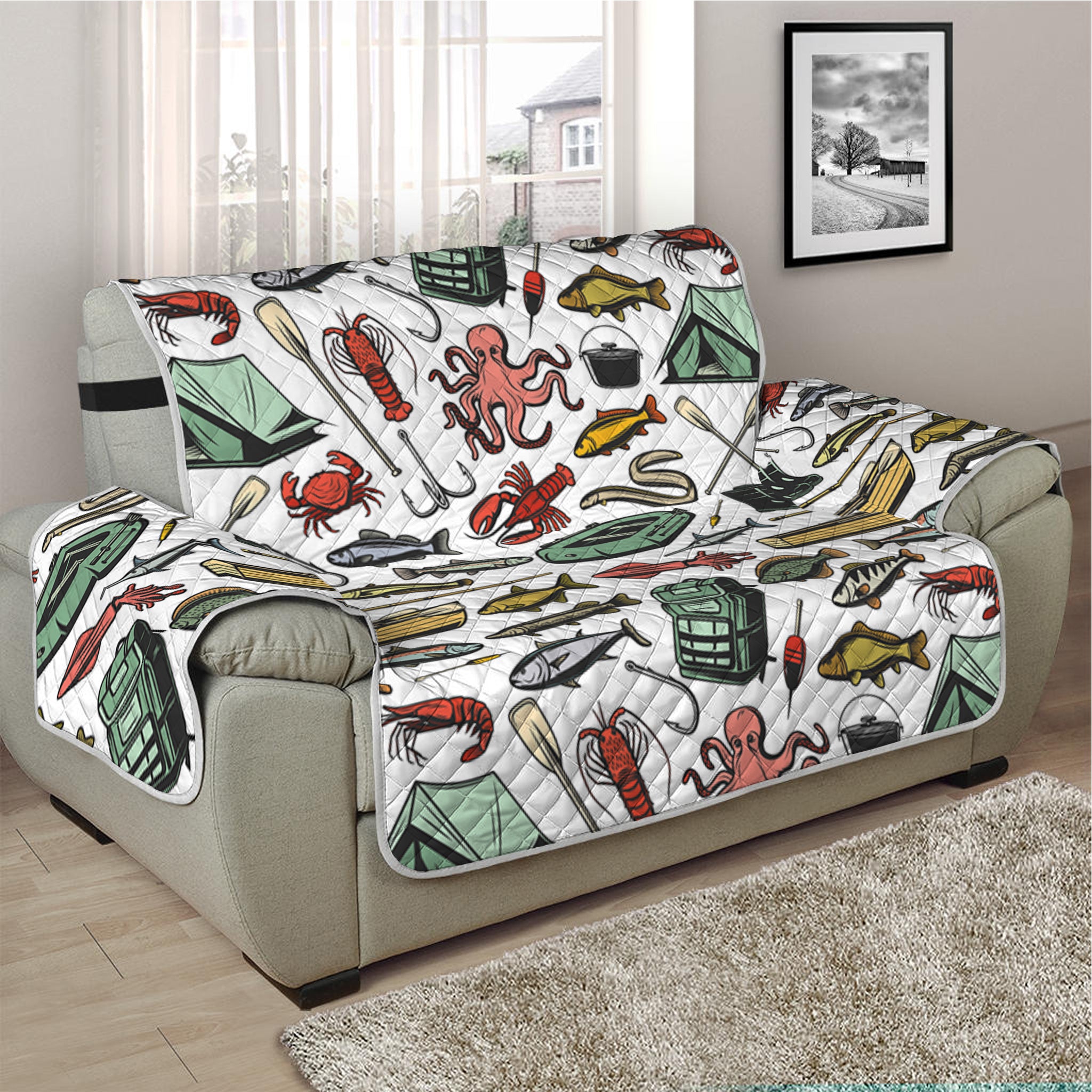 Fishing Equipment Pattern Print Half Sofa Protector