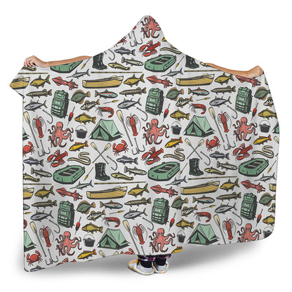 Fishing Equipment Pattern Print Hooded Blanket