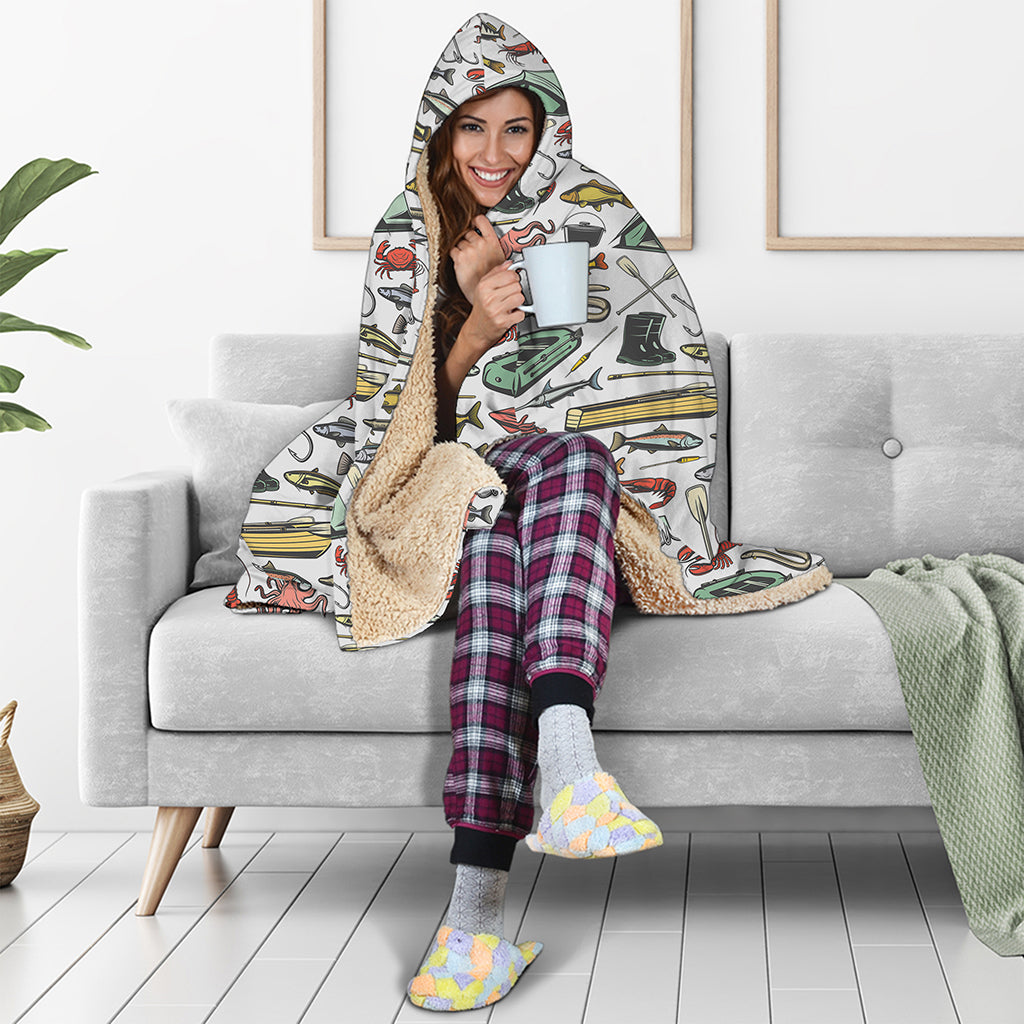 Fishing Equipment Pattern Print Hooded Blanket