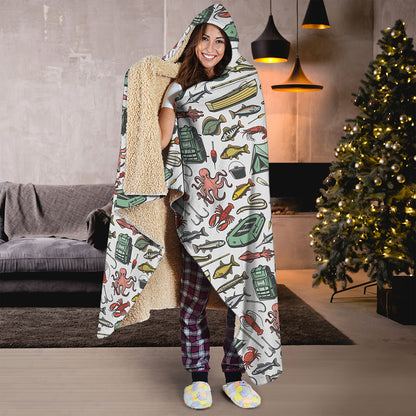 Fishing Equipment Pattern Print Hooded Blanket
