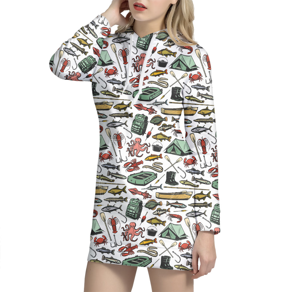 Fishing Equipment Pattern Print Hoodie Dress