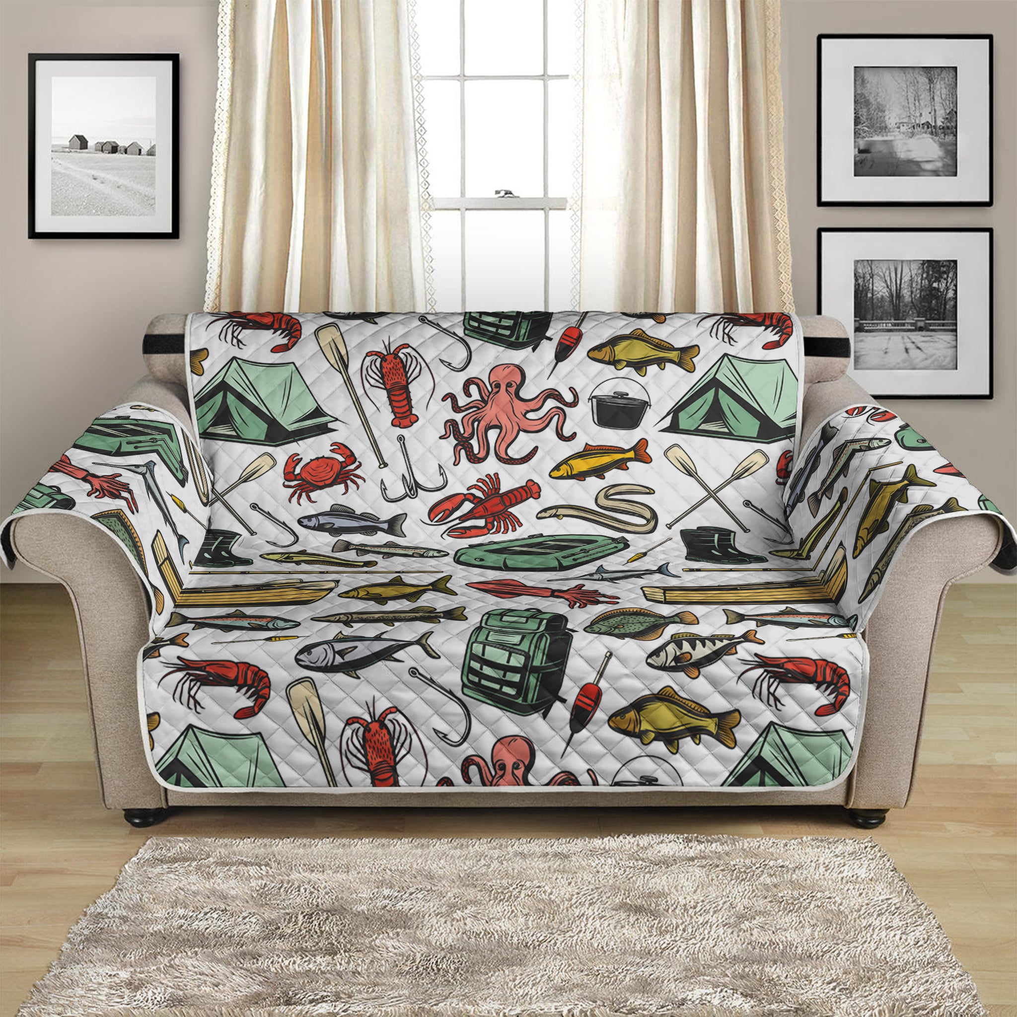 Fishing Equipment Pattern Print Loveseat Protector