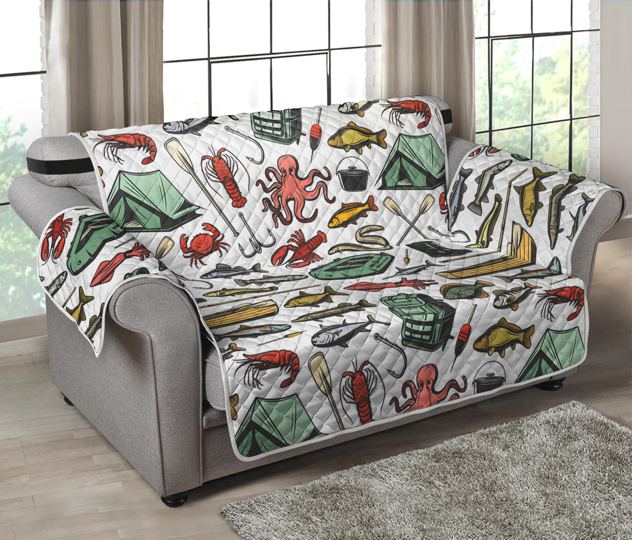 Fishing Equipment Pattern Print Loveseat Protector