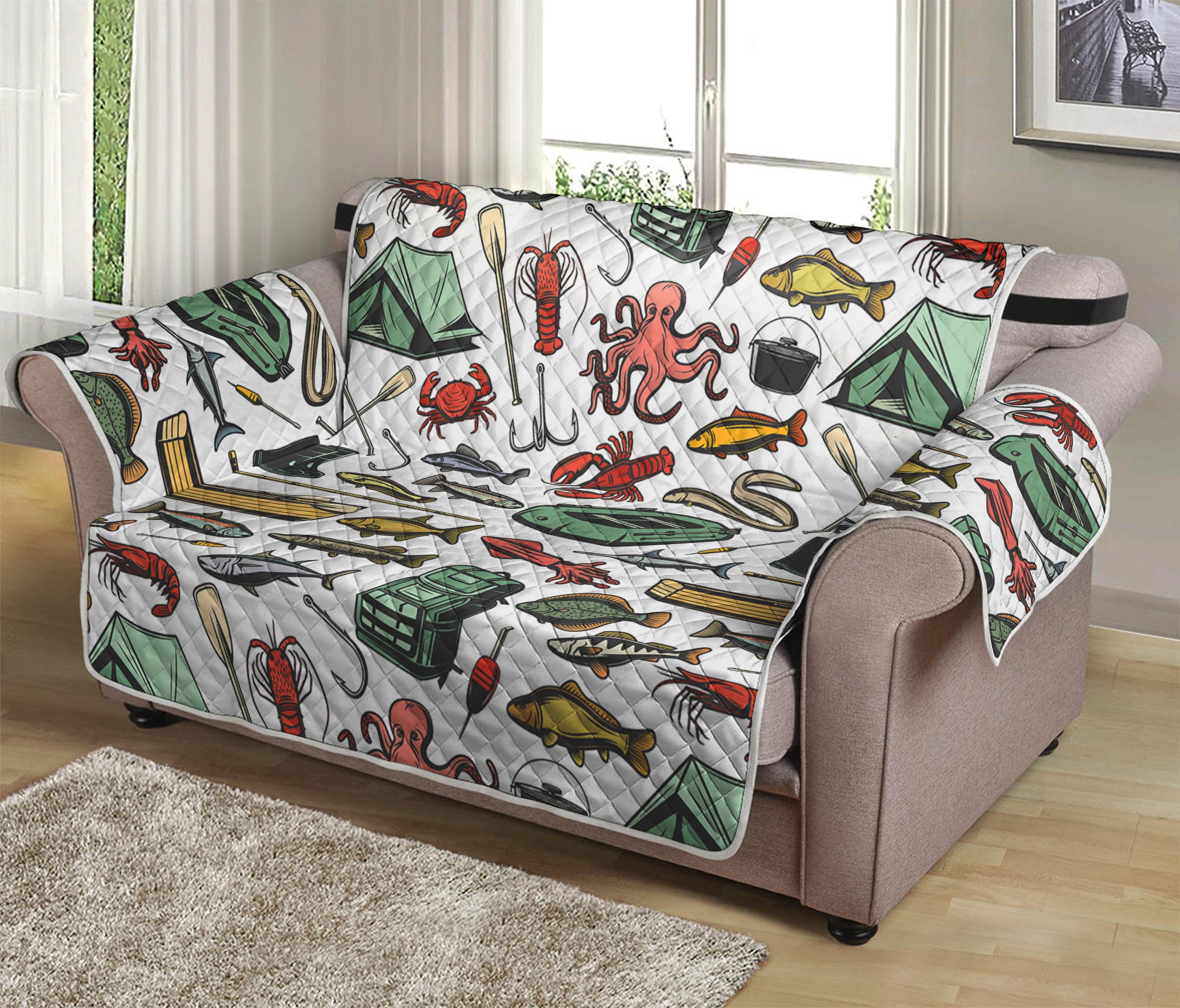 Fishing Equipment Pattern Print Loveseat Protector