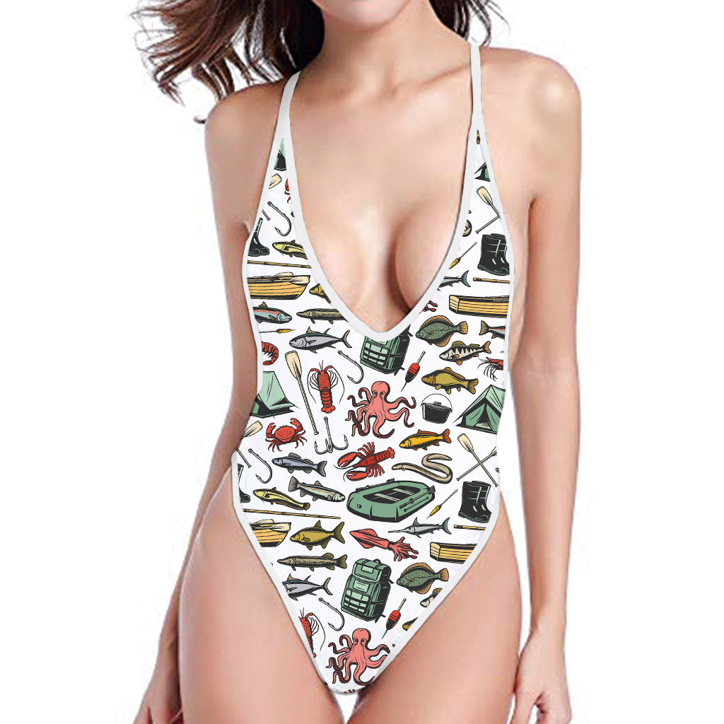 Fishing Equipment Pattern Print One Piece High Cut Swimsuit