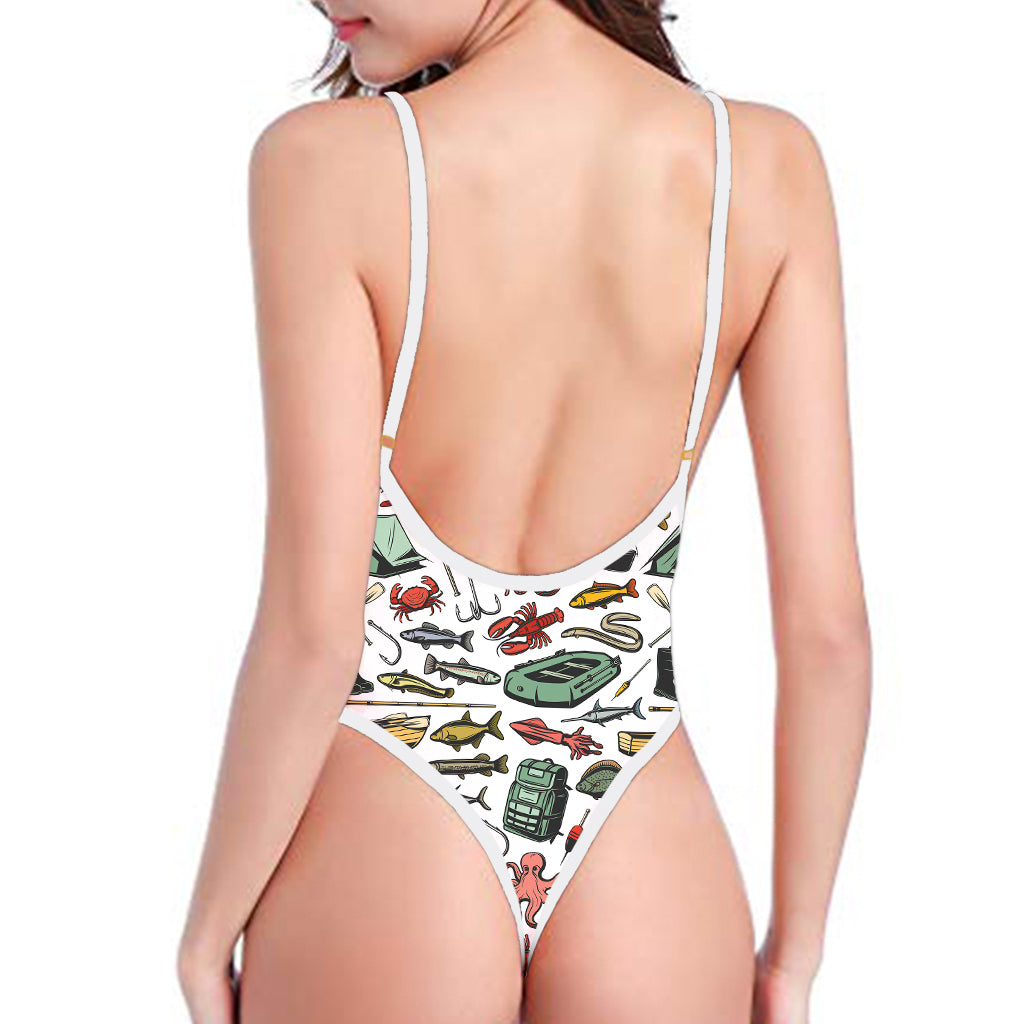 Fishing Equipment Pattern Print One Piece High Cut Swimsuit