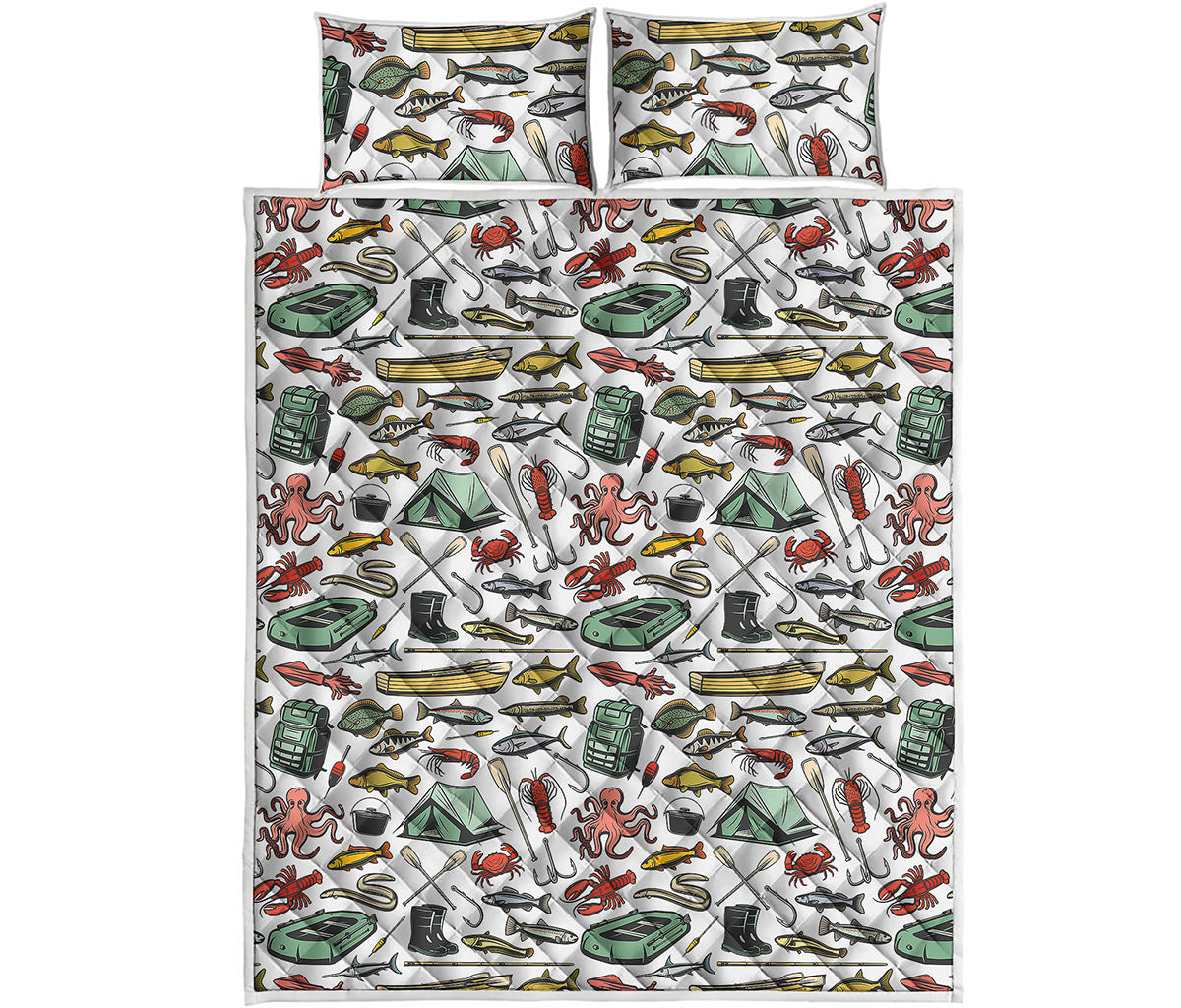 Fishing Equipment Pattern Print Quilt Bed Set
