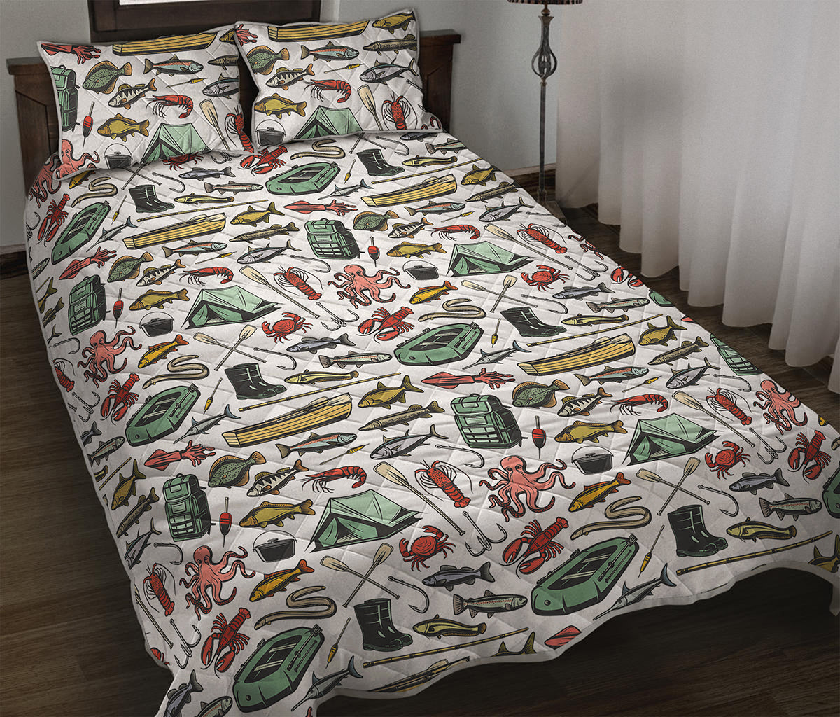 Fishing Equipment Pattern Print Quilt Bed Set