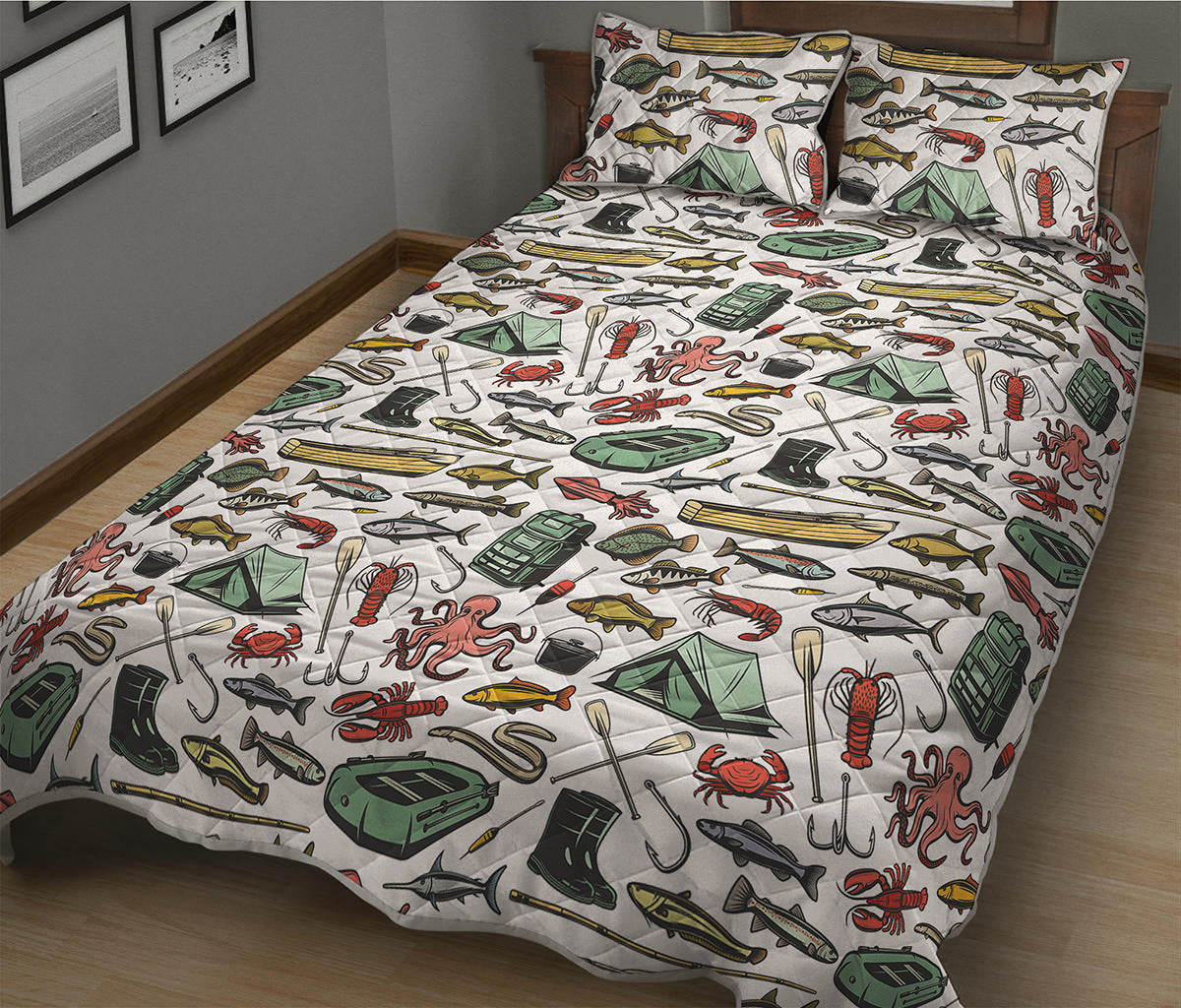 Fishing Equipment Pattern Print Quilt Bed Set