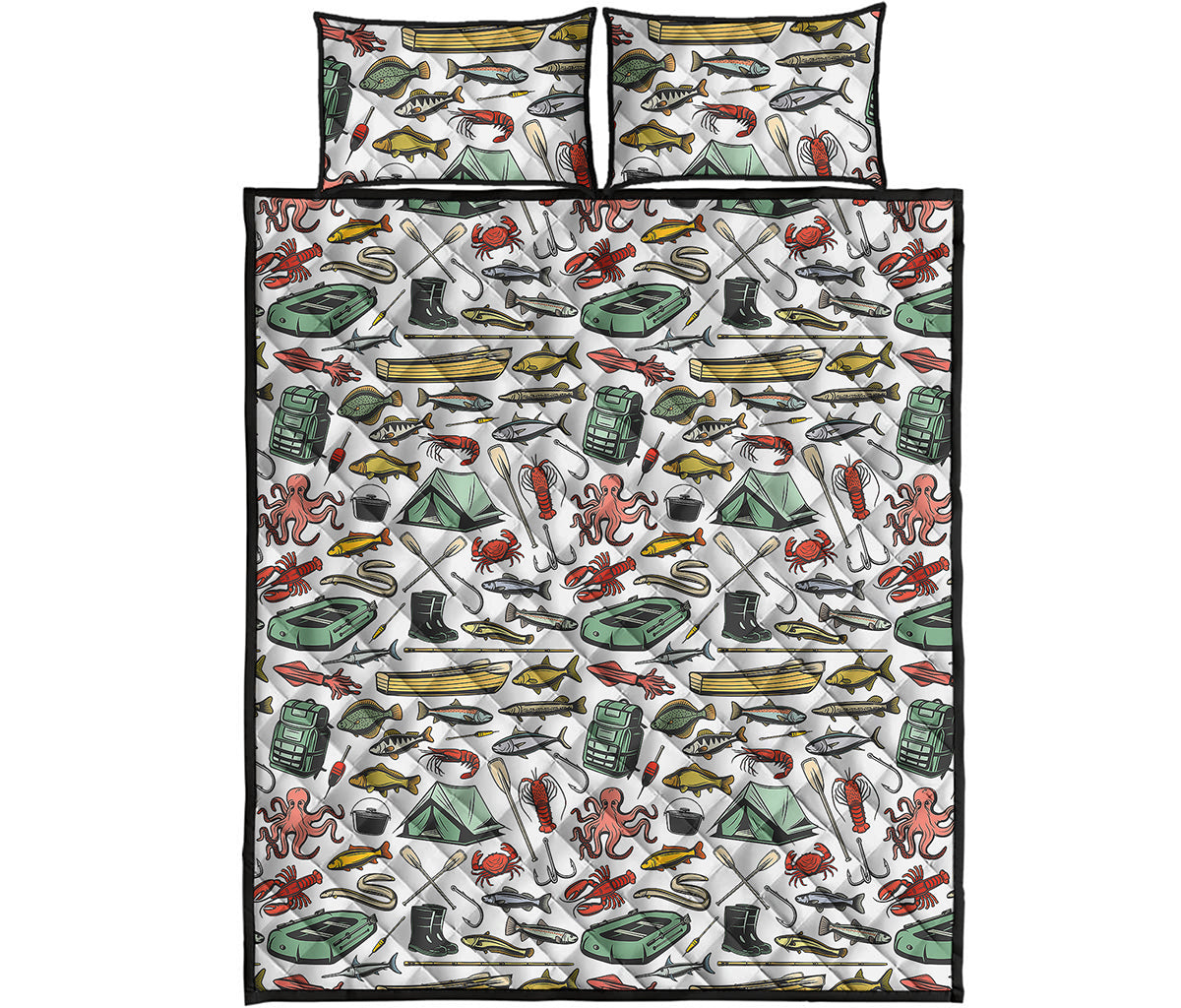 Fishing Equipment Pattern Print Quilt Bed Set