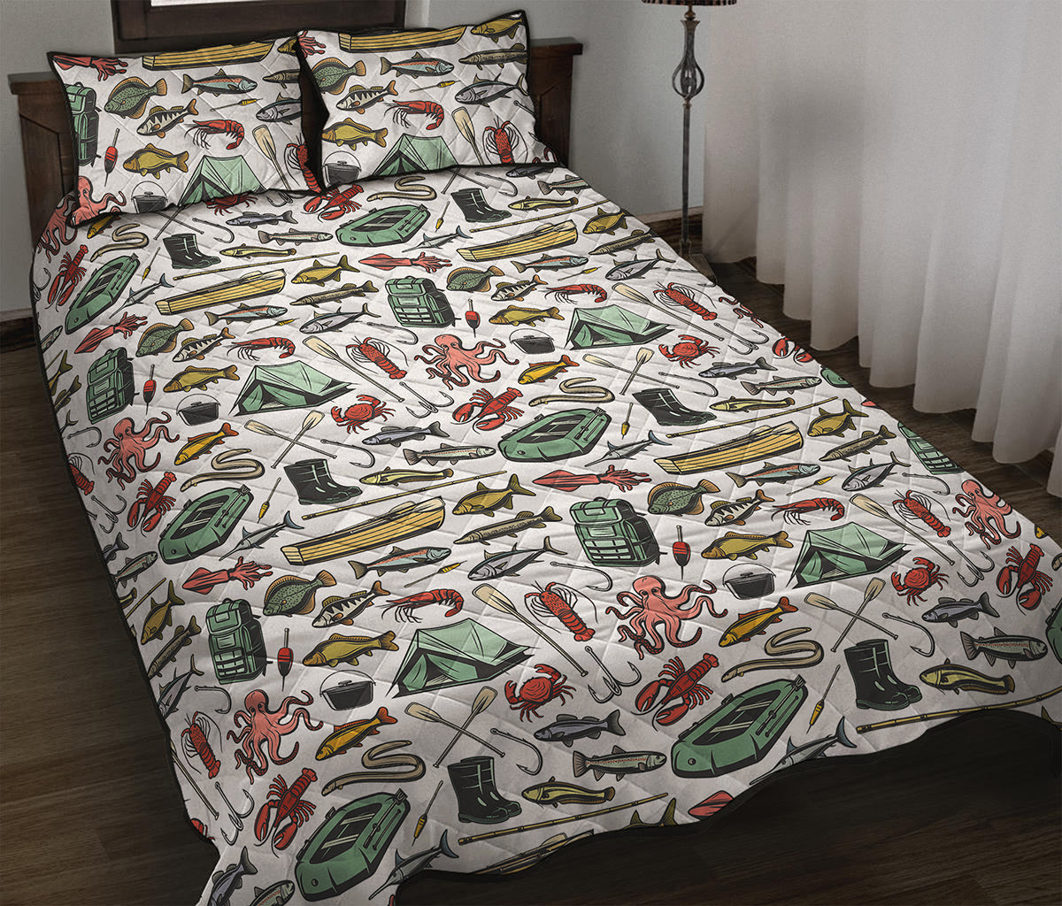 Fishing Equipment Pattern Print Quilt Bed Set