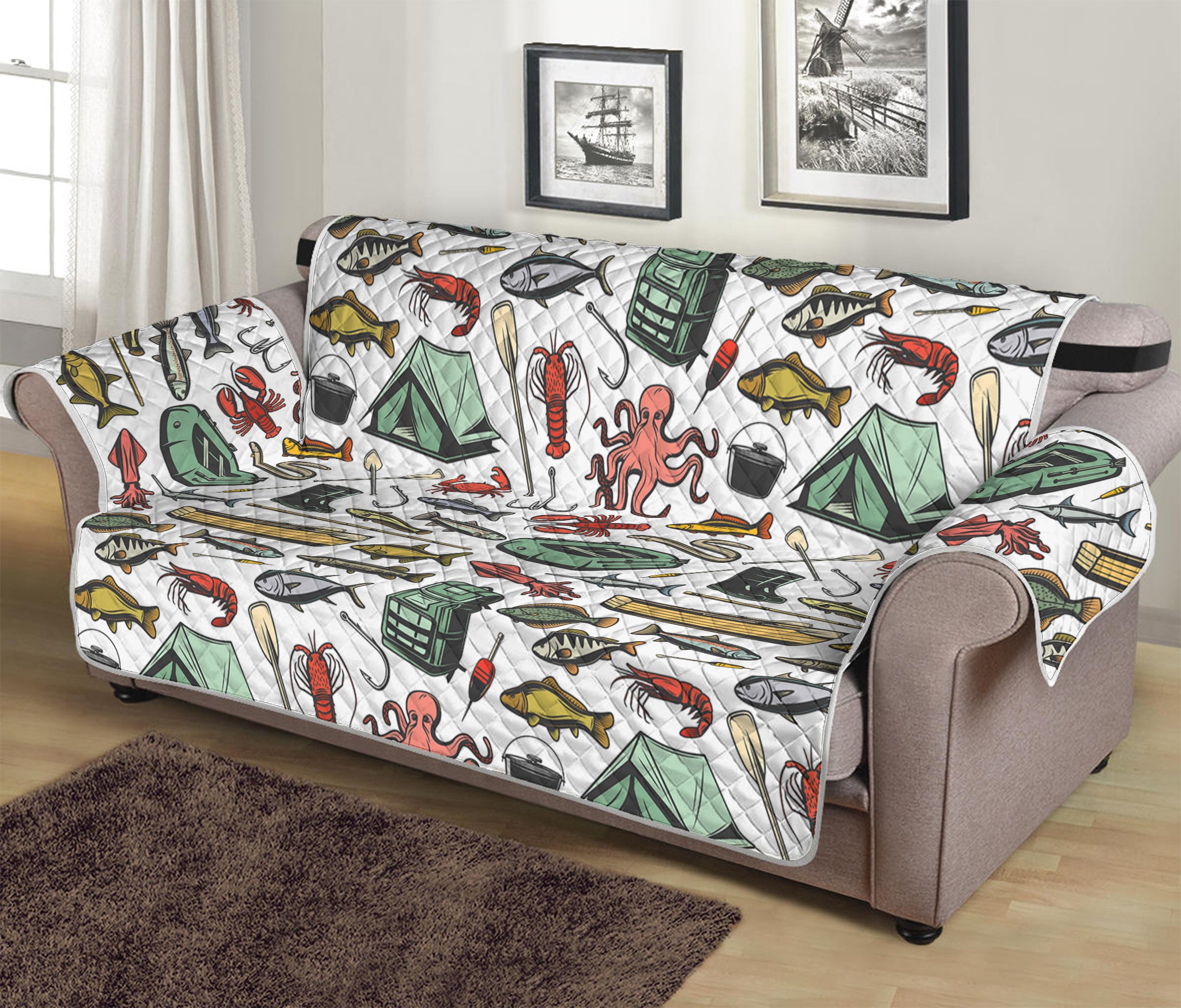 Fishing Equipment Pattern Print Sofa Protector