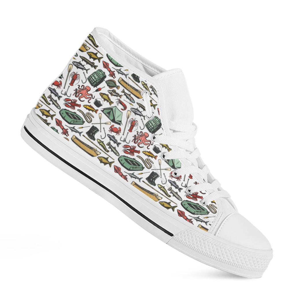 Fishing Equipment Pattern Print White High Top Shoes