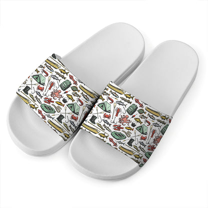 Fishing Equipment Pattern Print White Slide Sandals