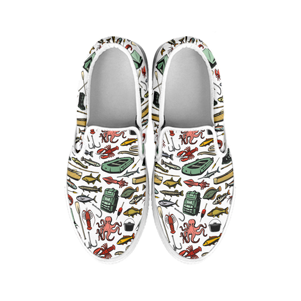 Fishing Equipment Pattern Print White Slip On Shoes