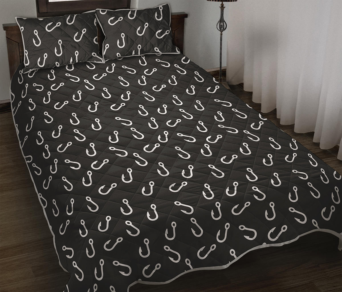 Fishing Hooks Pattern Print Quilt Bed Set
