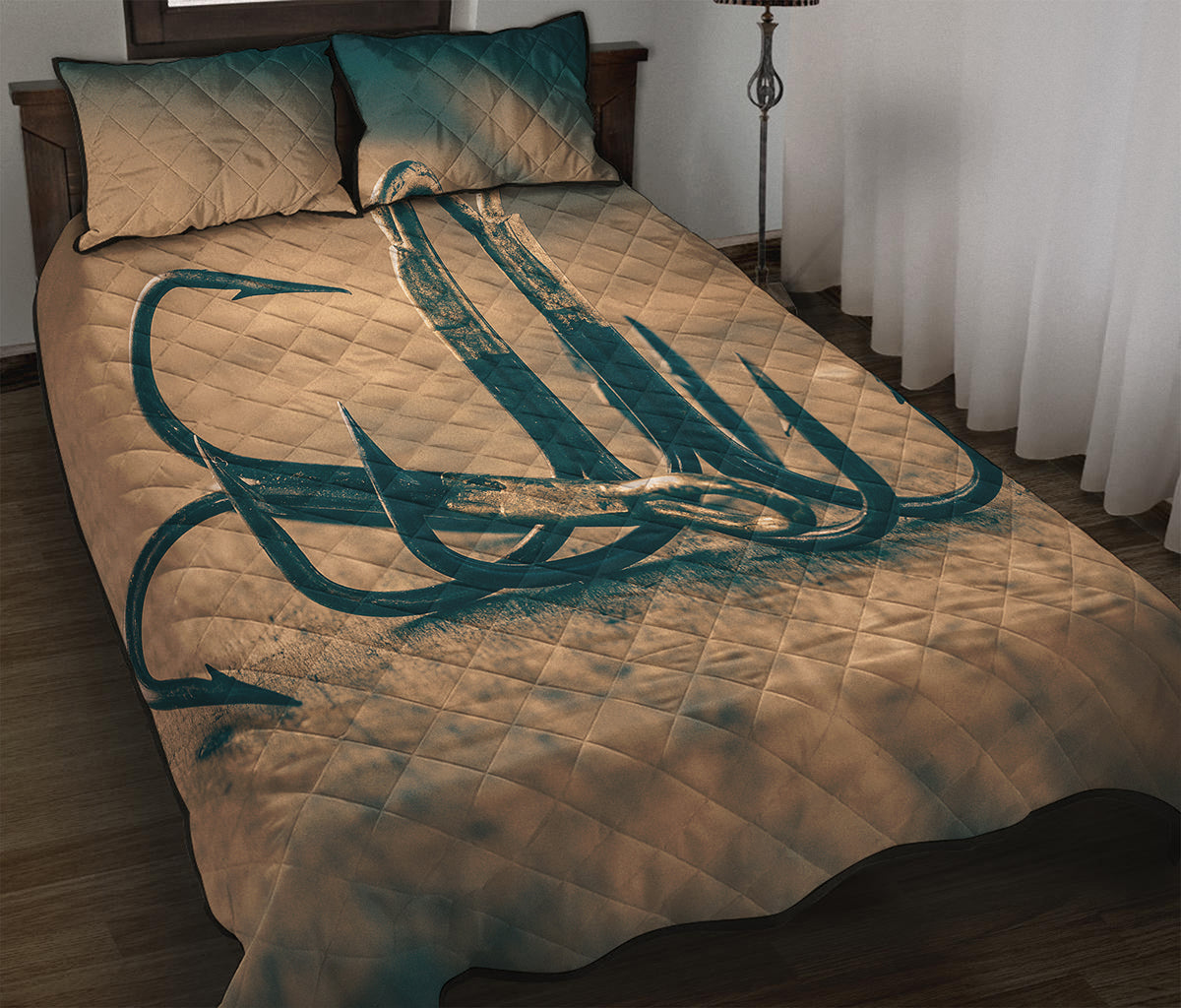 Fishing Hooks Print Quilt Bed Set