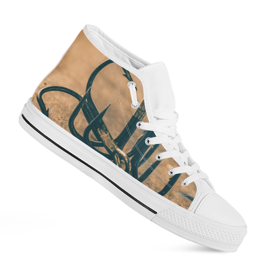 Fishing Hooks Print White High Top Shoes