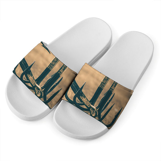 Fishing Hooks Print White Slide Sandals